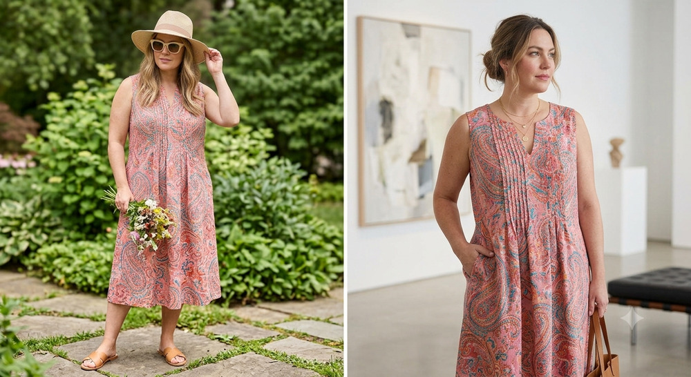 J Jill love linen sleeveless orange pink pleated , Pocket relaxed Midi dress L